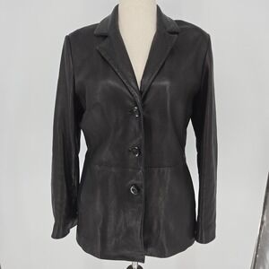 Jones New York Women's Soft Genuine Leather Jacket Black Petite Large 3 Button